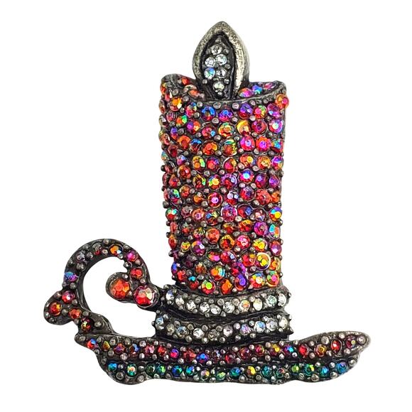 Multi Color Crystal Candle Brooch Candelabra Stick Pin Vintage Christmas Holiday - Picture 5 of 6